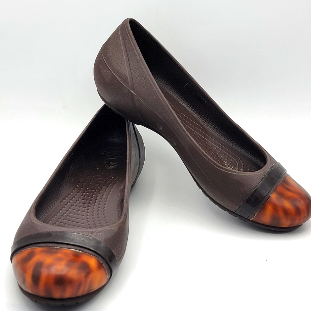 CROCS‎ Brown Tortoise Cap Toe Ballet Flats Shoes Women’s Size 7. #1501